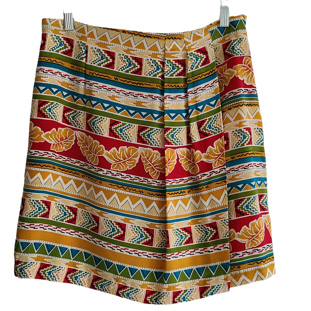SK & COMPANY‎ Vintage Silk Faux Wrap Geometric Tropical Colorful Skirt Medium*